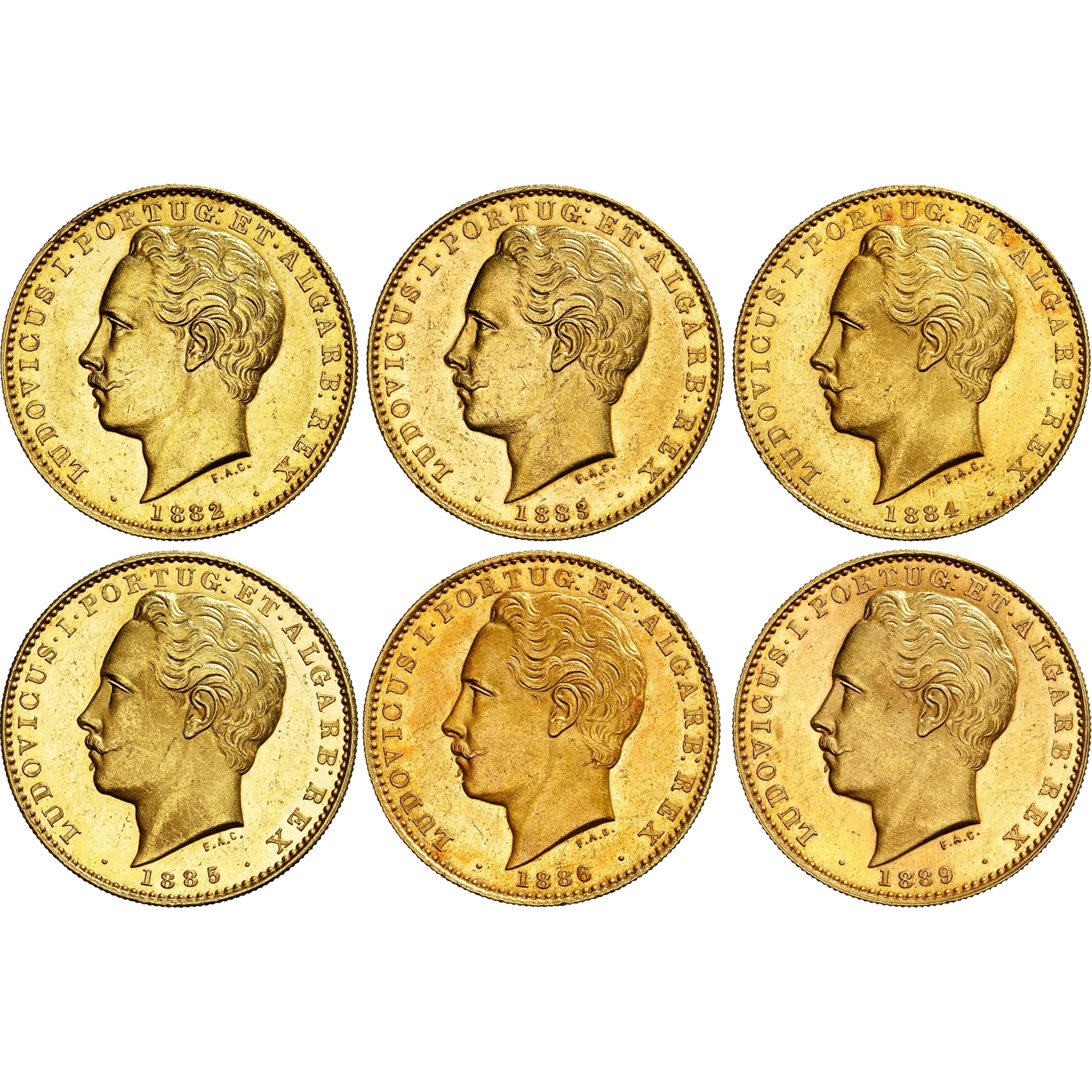 Lote 181 · 10 000 Réis · Seis moedas · Ouro · Vista do conjunto
