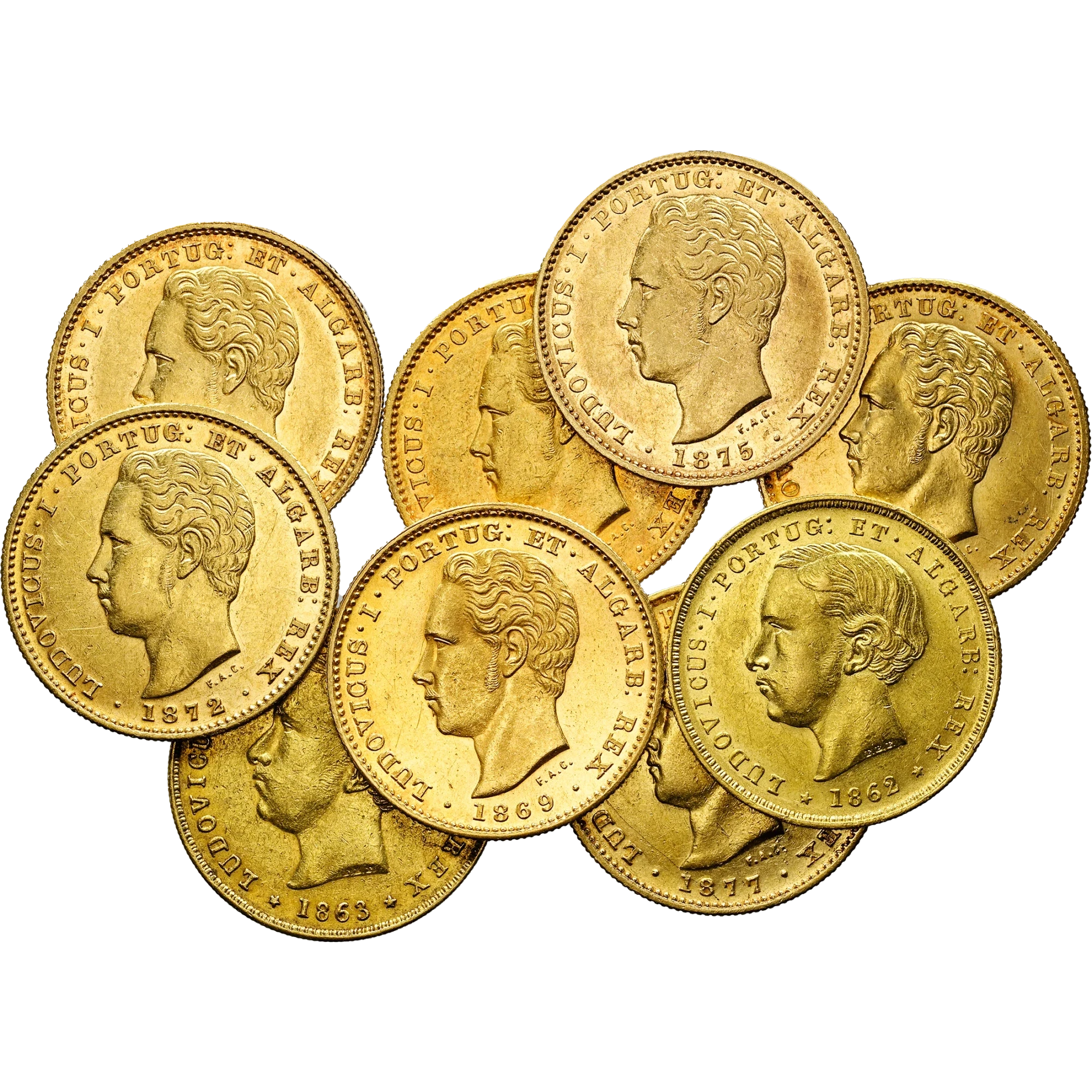 Lote 201 · 5 000 Réis · Nove moedas · Ouro · Vista do conjunto