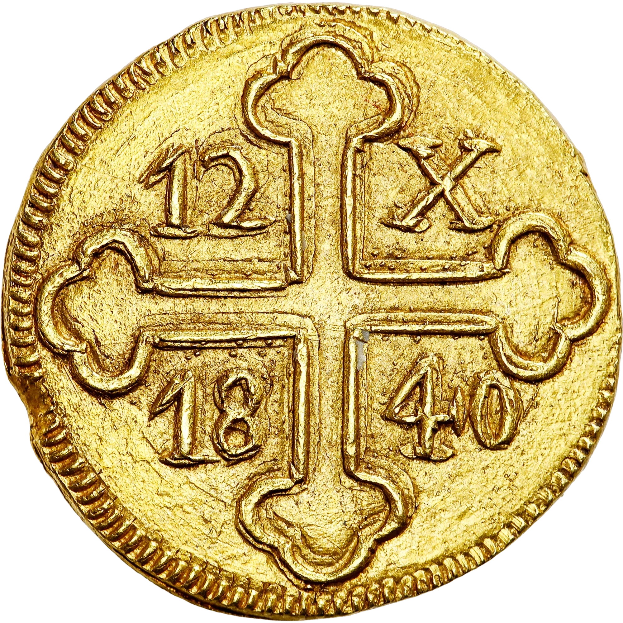 Lote 212 · 12 Xerafins · 1840 · Ouro · Reverso