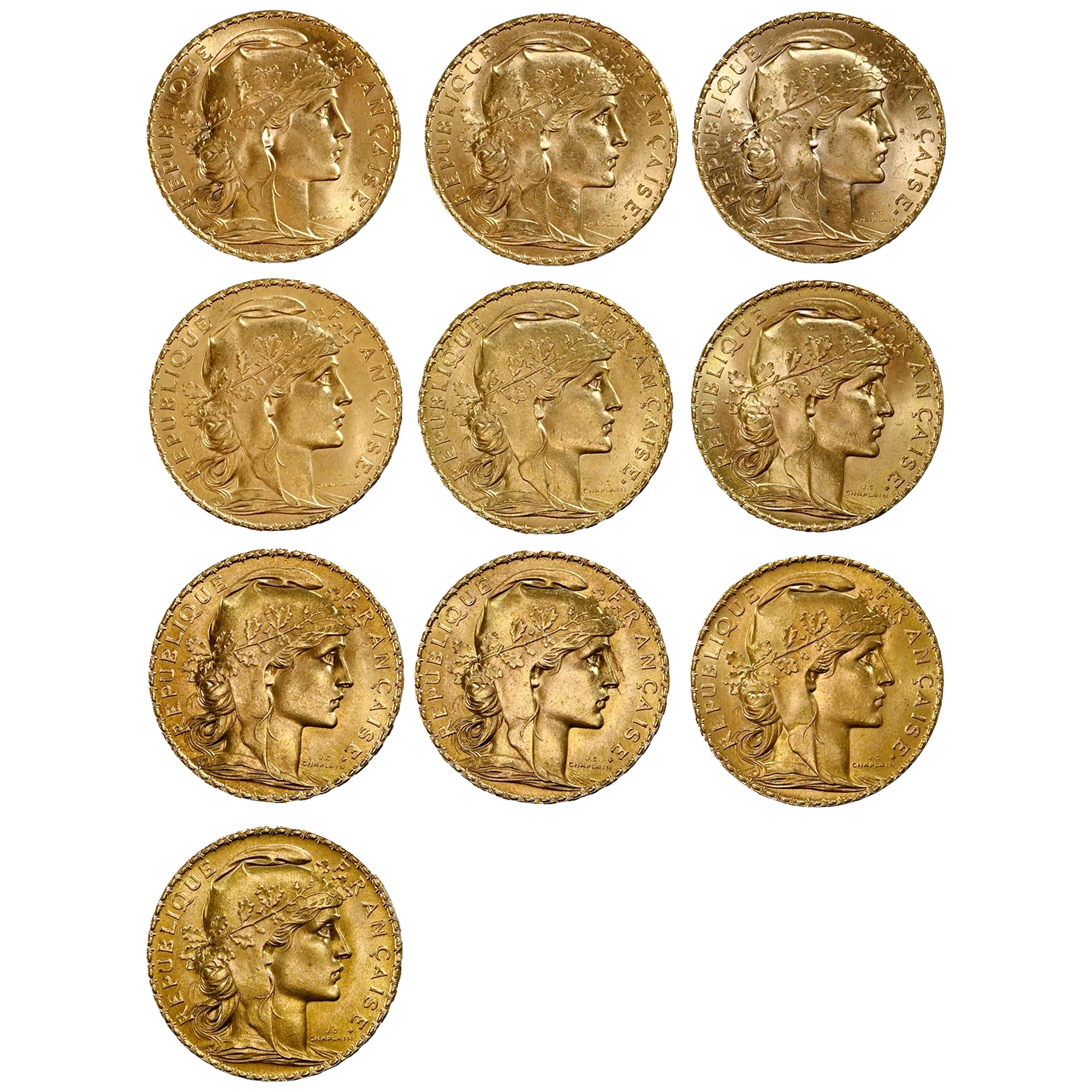 Lote 263 · 20 Francs · Dez moedas · Ouro · Vista do conjunto