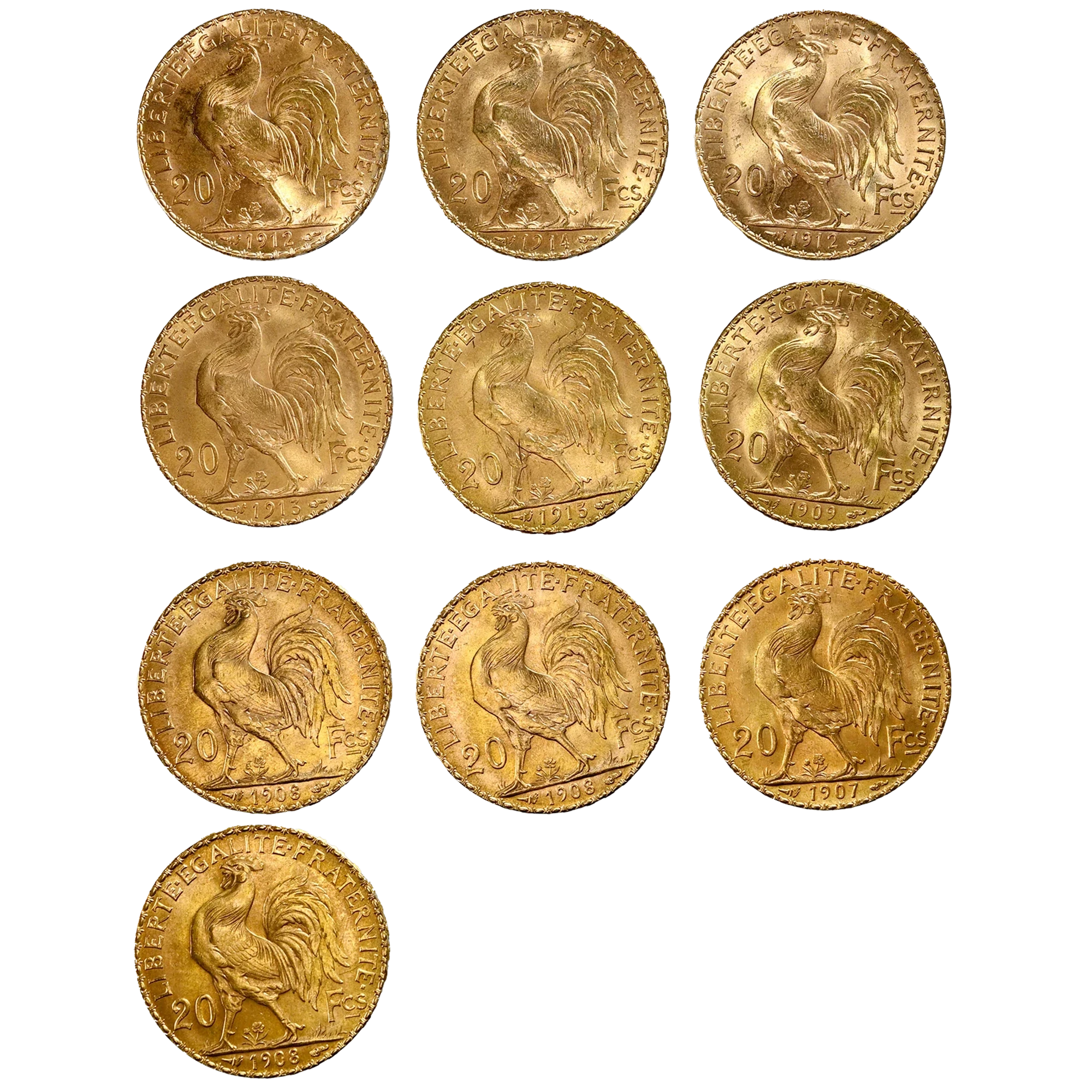 Lote 263 · 20 Francs · Dez moedas · Ouro · Reverso